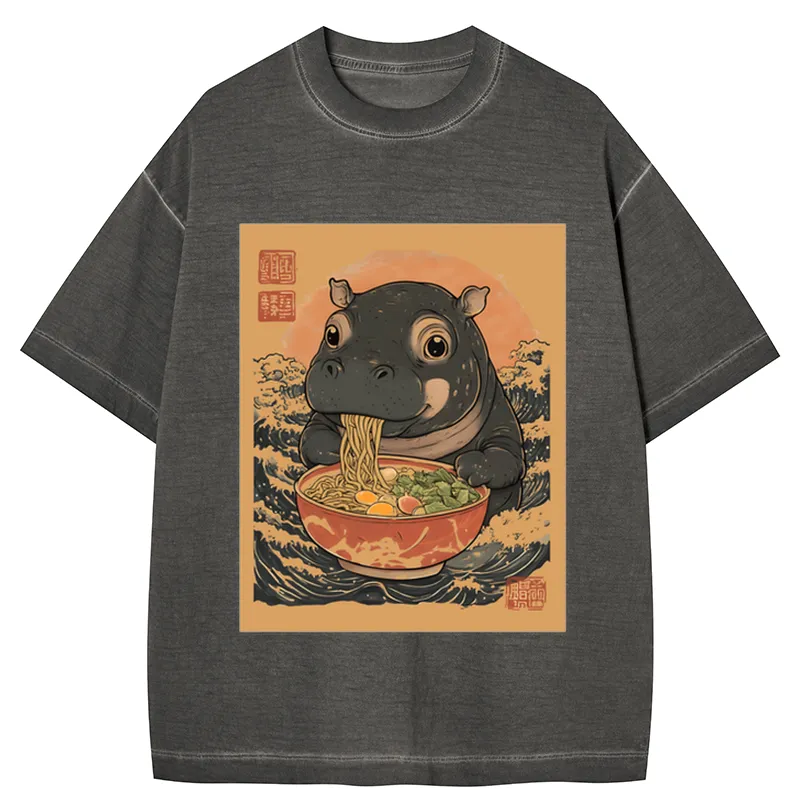 Tokyocanvas Moo Deng Eat Ramen Gradient Washed T-Shirt