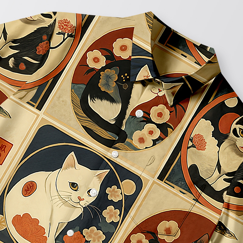 Tokyocanvas Meiji Era Cat All-over Pattern Ukiyo-e Button-up Shirt