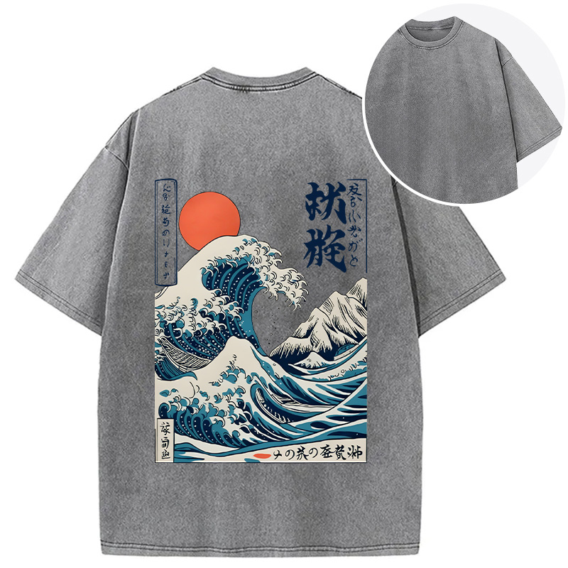 Tokyocanvas Ukiyo-e Ocean Waves Japan Back Washed T-Shirt