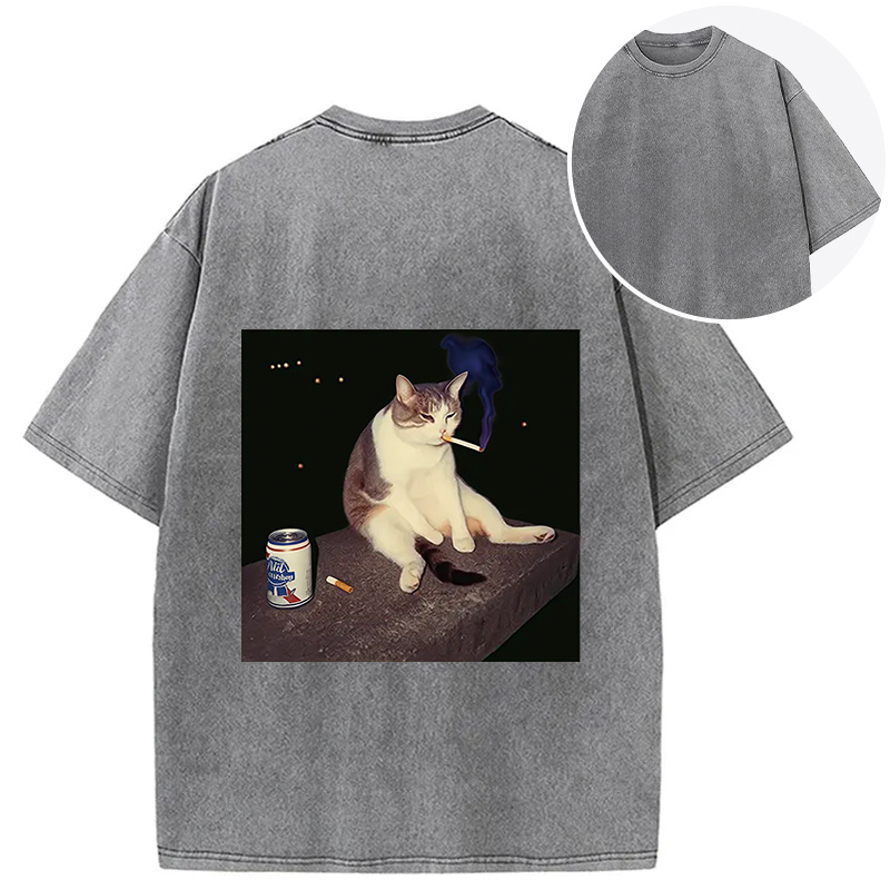 Tokyocanvas Cigarette Kitten Funny Smoking Cat Meme Back Washed T-Shirt