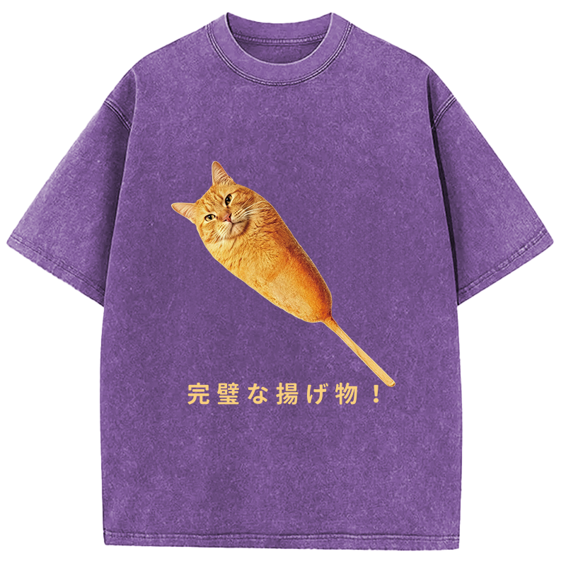 Tokyocanvas Orange Cat Hotdog Meme Washed T-Shirt