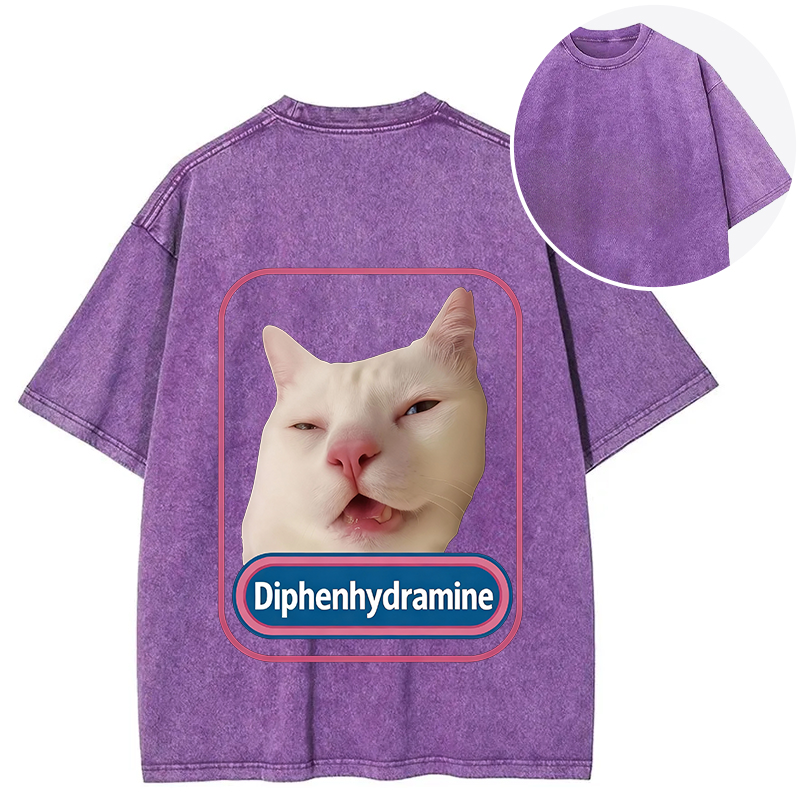 Tokyocanvas Funny Diphenhydramine Meme Cat Back Washed T-Shirt