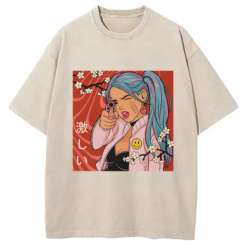 Tokyocanvas Cherry Blossoms in Error 404 Anime Girl Washed T-Shirt