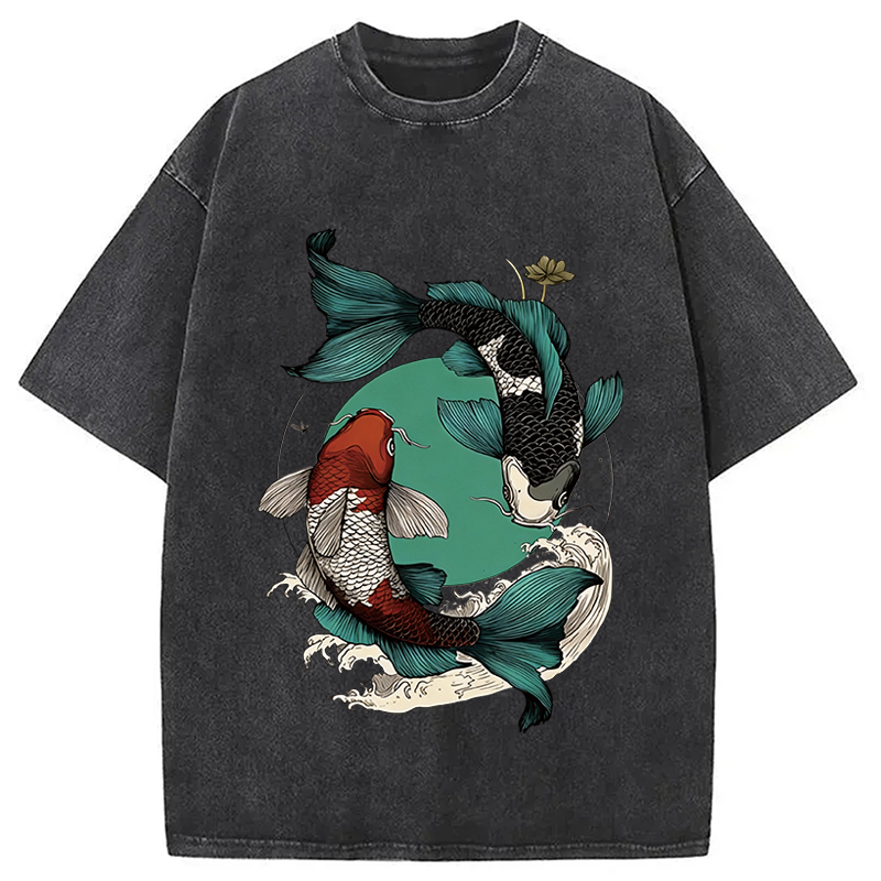 Tokyocanvas YinYang Koi Fish Zen Washed T-Shirt