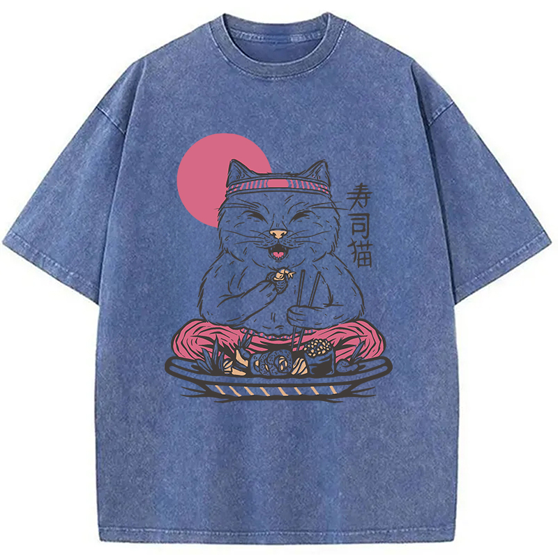 Tokyocanvas Cute Sushi Cat Eating Washed T-Shirt