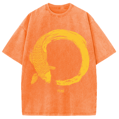 Tokyocanvas Orange Koi Fish Circle Washed T-Shirt