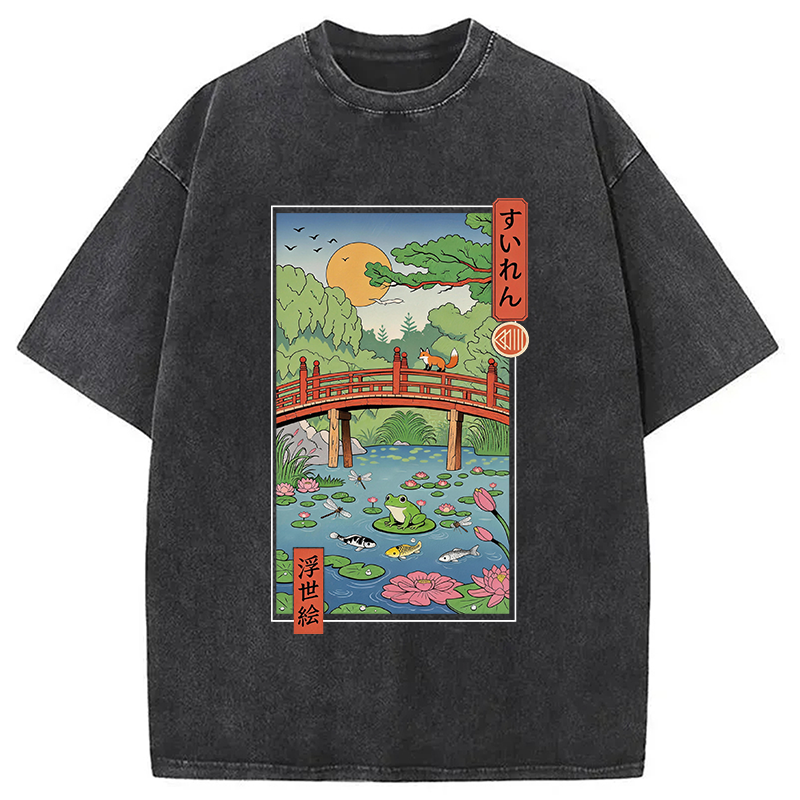 Tokyocanvas Water Lilies Ukiyo-e Washed T-Shirt