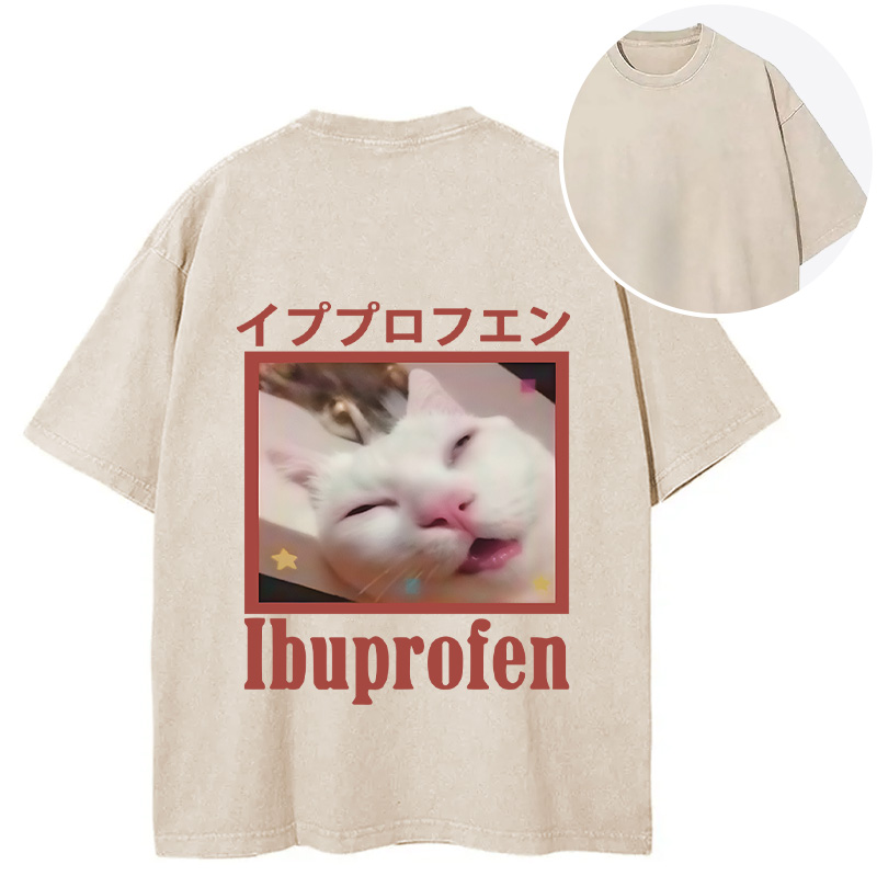 Tokyocanvas Ibuprofen Meme Cat Back Washed T-Shirt