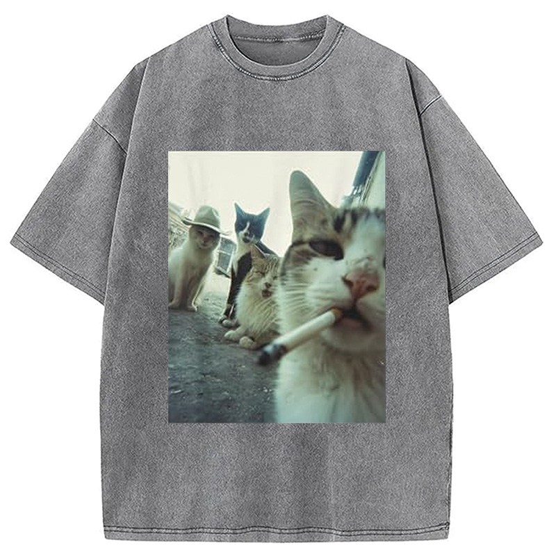 Tokyocanvas Smoking Cat Meme Funny Washed T-Shirt