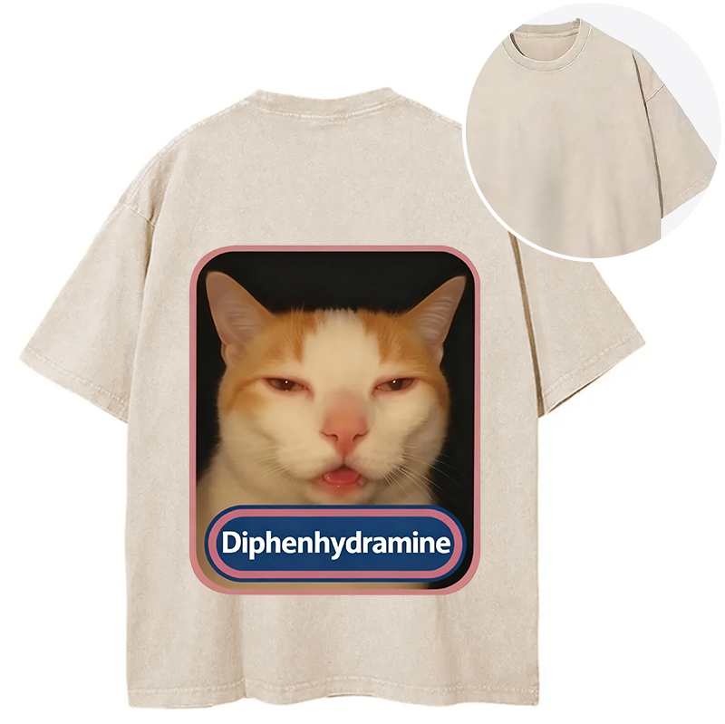 Tokyocanvas Pink Diphenhydramine Meme Cat Back Washed T-Shirt