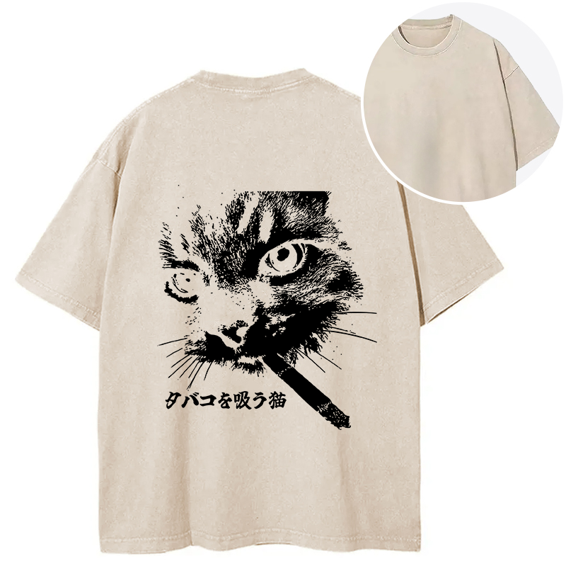 Tokyocanvas Retro Cat Smoking Back Washed T-Shirt
