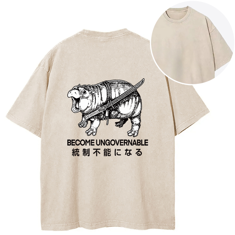 Tokyocanvas Moo Deng Carrying A Samurai Sword Back Washed T-Shirt