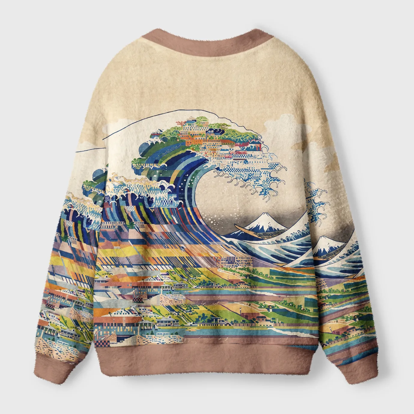 Tokyocanvas Japanese Mount Fuji Wave Art Fuzzy Ugly Cardigan Sweatshirt