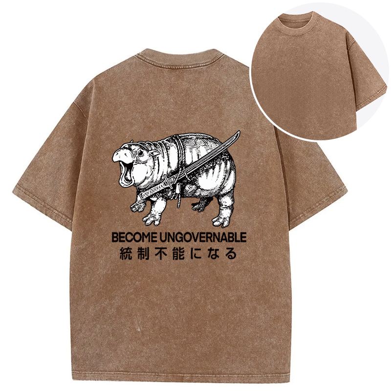 Tokyocanvas Moo Deng Carrying A Samurai Sword Back Washed T-Shirt