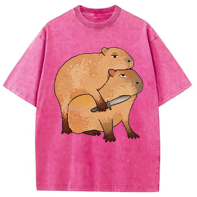 Tokyocanvas Capybara With Knife Funny Washed T-Shirt