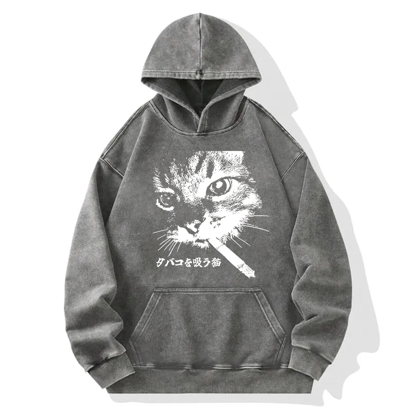 Tokyocanvas Retro Cat Smoking Washed Hoodie