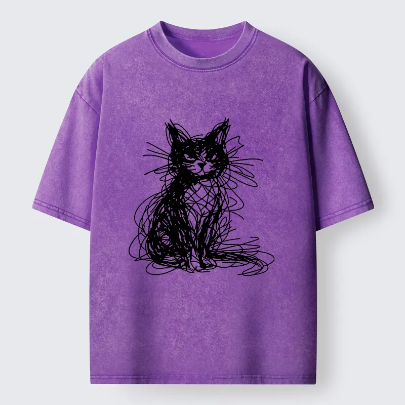 Tokyocanvas Funny Messy Line Cat Washed T-Shirt