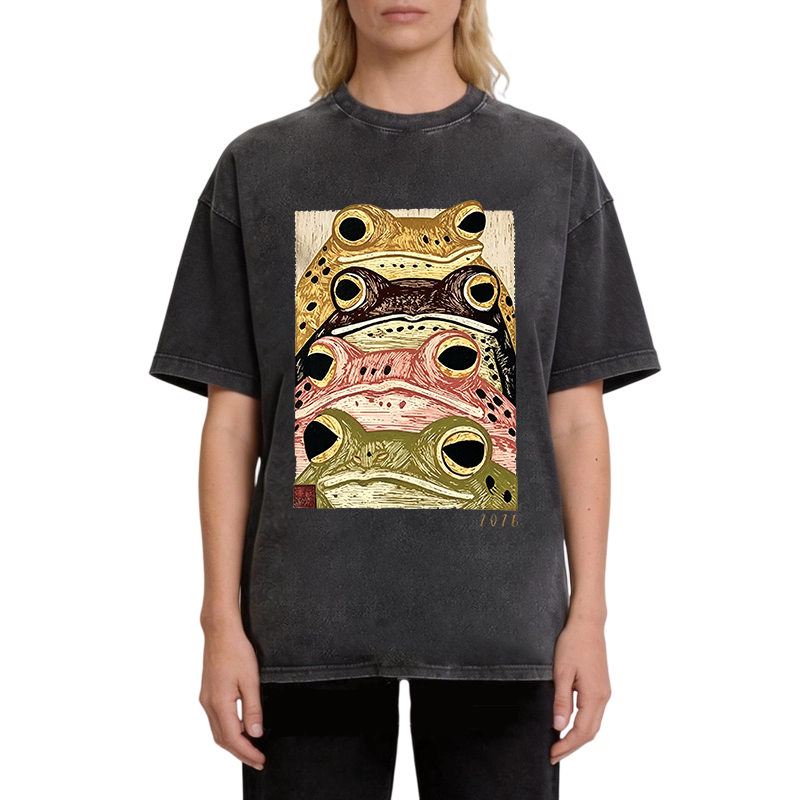 Tokyocanvas Whimsical Multi Colored Frog Art Washed T-Shirt