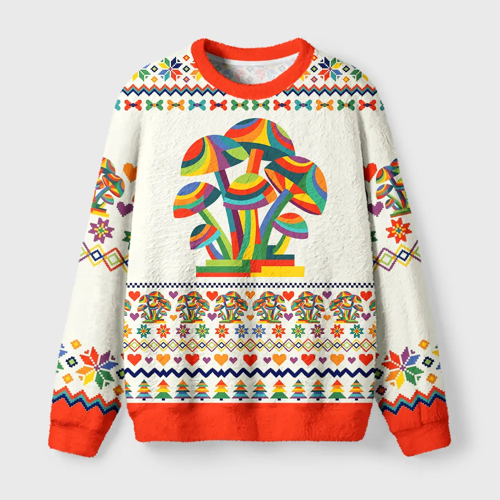 Tokyocanvas Rainbow Shroom Fuzzy Christmas Ugly Sweatshirt