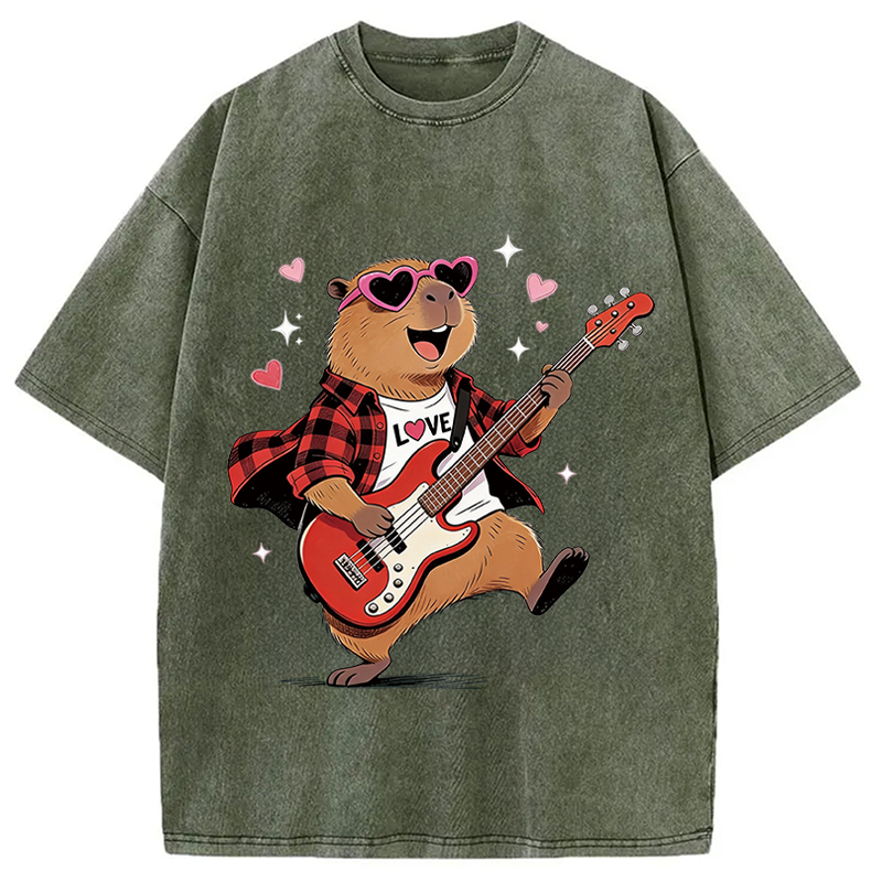 Tokyocanvas Cute Bear Guitar Valentine Washed T-Shirt