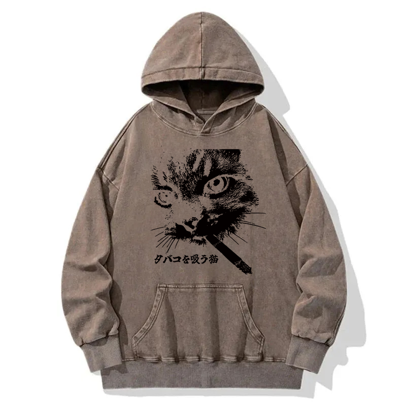 Tokyocanvas Retro Cat Smoking Washed Hoodie