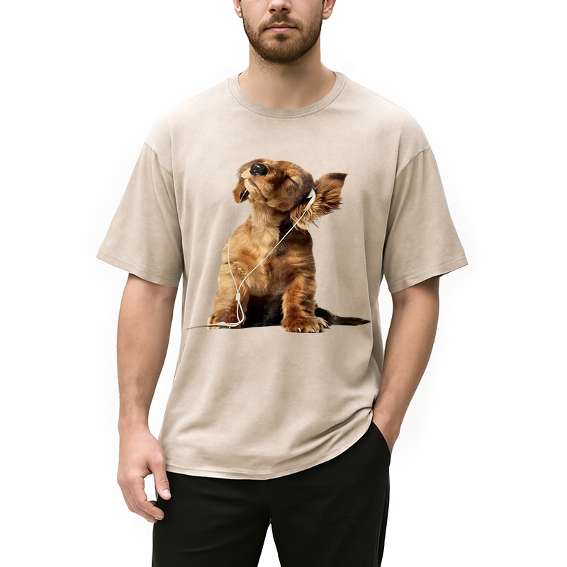 Tokyocanvas Dog Listening to Music Washed T-Shirt