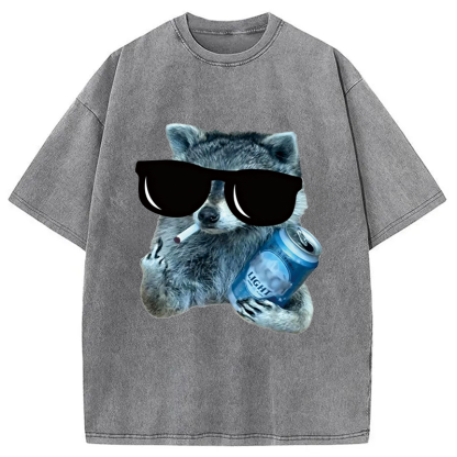 Tokyocanvas Raccoon Drinking Beer Washed T-Shirt