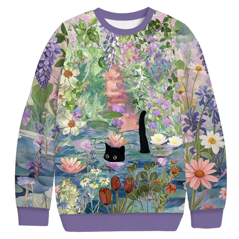 Tokyocanvas A Black Cat Strolling By the Lake Casual Ugly Sweatshirt