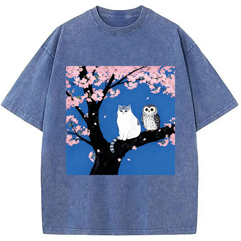 Tokyocanvas Cat And Owl Under Sakura Washed T-Shirt