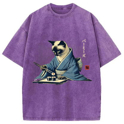 Tokyocanvas Cat In Kimono Eating Sushi Washed T-Shirt
