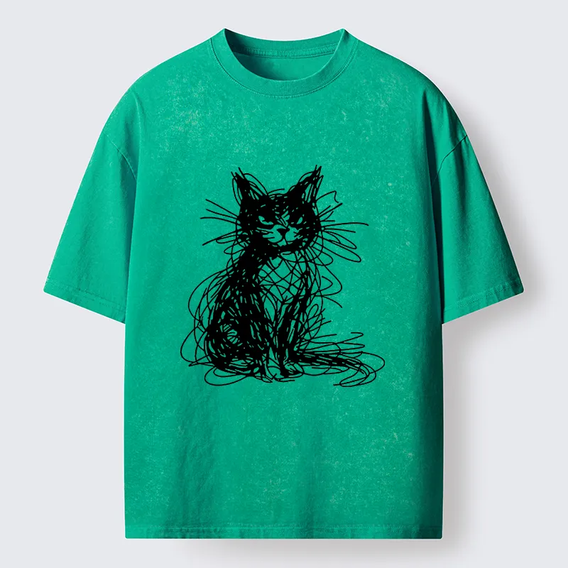 Tokyocanvas Funny Messy Line Cat Washed T-Shirt