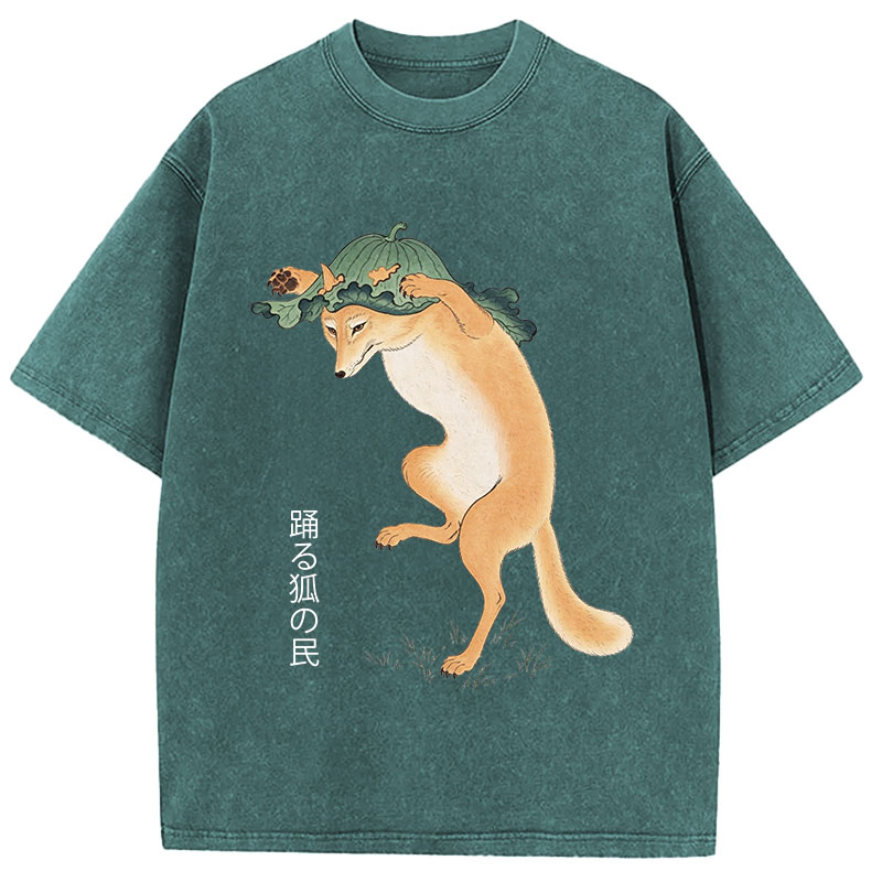 Tokyocanvas Dancing Fox Folk Woodblock Art Washed T-Shirt