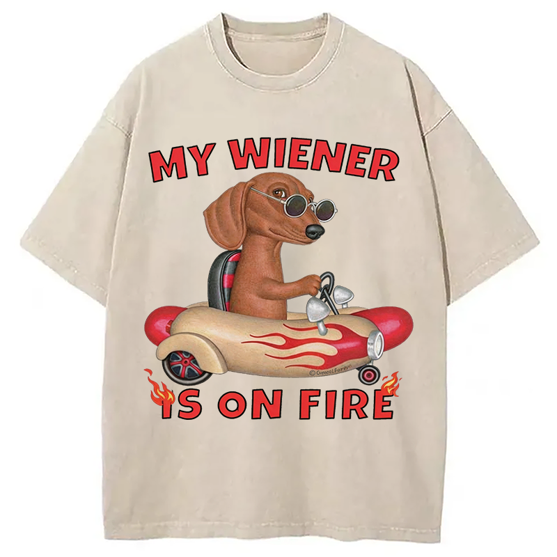 Tokyocanvas My Wiener Is On Fire Funny Dog Washed T-Shirt