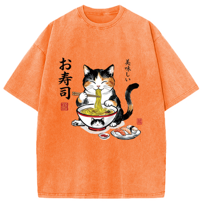 Tokyocanvas Cats Eat Japanese Food Washed T-Shirt