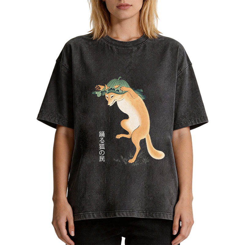 Tokyocanvas Dancing Fox Folk Woodblock Art Washed T-Shirt
