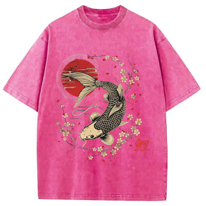 Tokyocanvas Kersenbloesem Koi Karper Washed T-Shirt