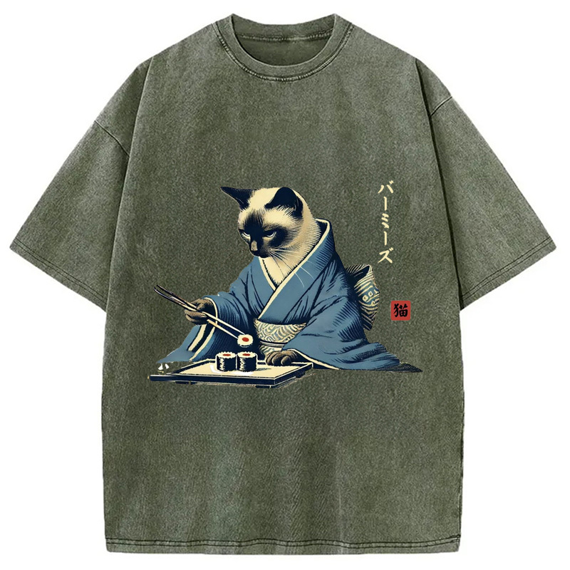 Tokyocanvas Cat In Kimono Eating Sushi Washed T-Shirt
