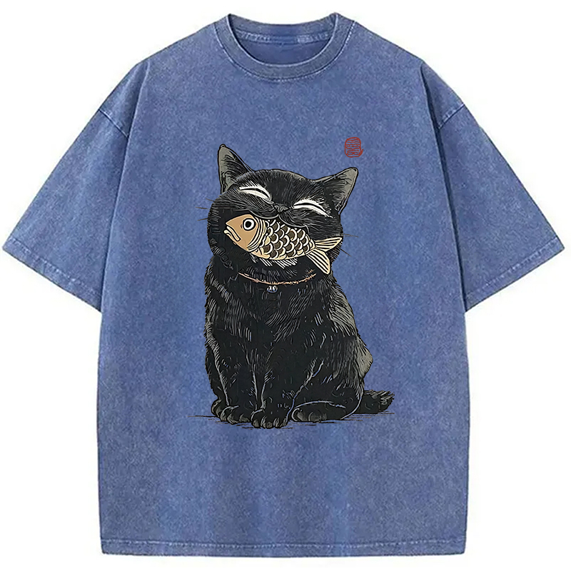 Tokyocanvas Happy Black Cat Washed T-Shirt