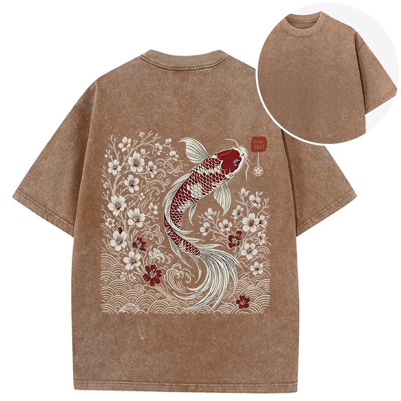 Tokyocanvas Vintage Sakura And Koi Back Washed T-Shirt