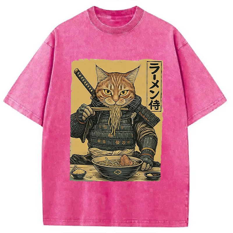 Tokyocanvas Cat General Eating Ramen Washed T-Shirt