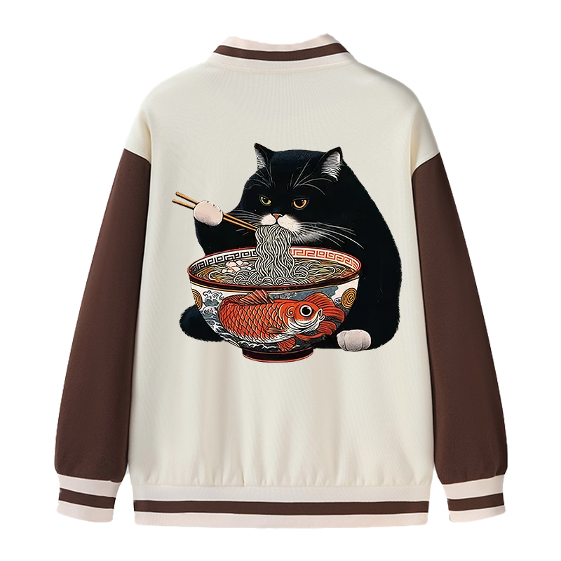 Tokyocanvas Fat Cat Eating Ramen Varsity Jacket