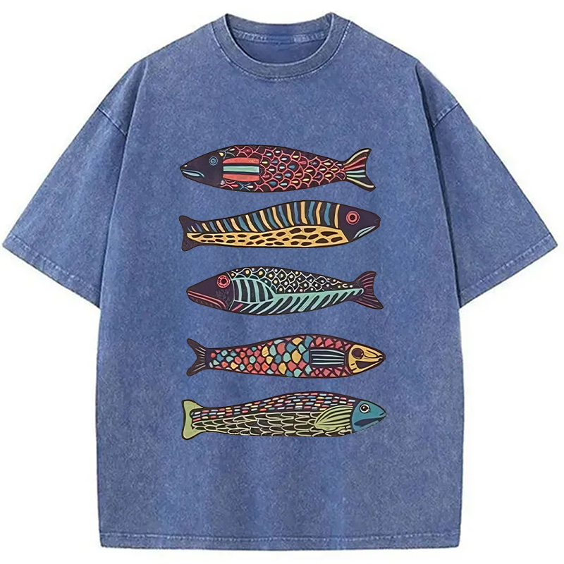 Tokyocanvas Colourful Schools Of Fish Washed T-Shirt