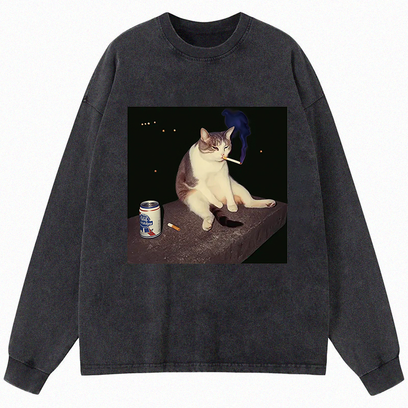 Tokyocanvas Cigarette Kitten Funny Smoking Cat Meme Long Sleeve Washed T-Shirt