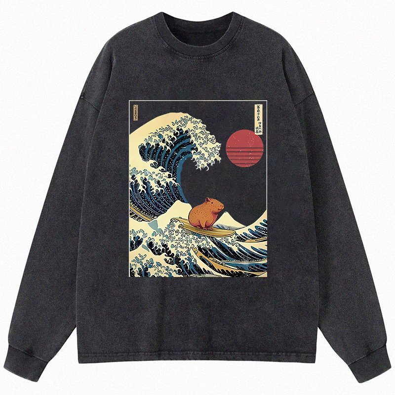 Tokyocanvas Capybara Surfing Long Sleeve Washed T-Shirt