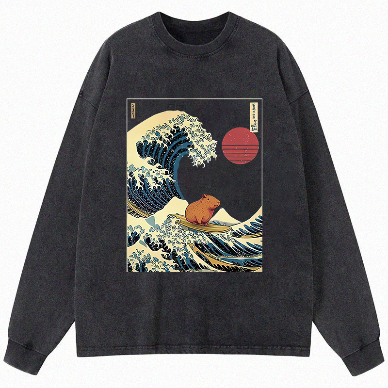 Tokyocanvas Capybara Surfing Long Sleeve Washed T-Shirt