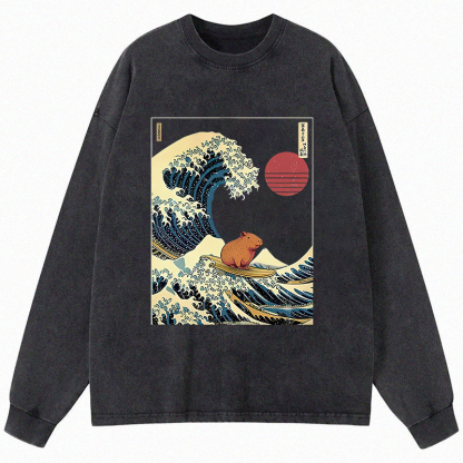 Tokyocanvas Capybara Surfing Long Sleeve Washed T-Shirt