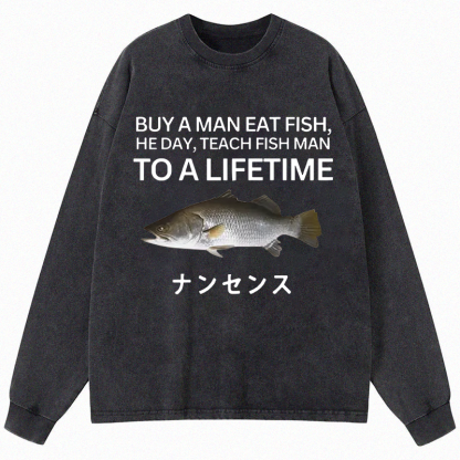 Tokyocanvas Buy a Man Eat Fish Long Sleeve Washed T-Shirt