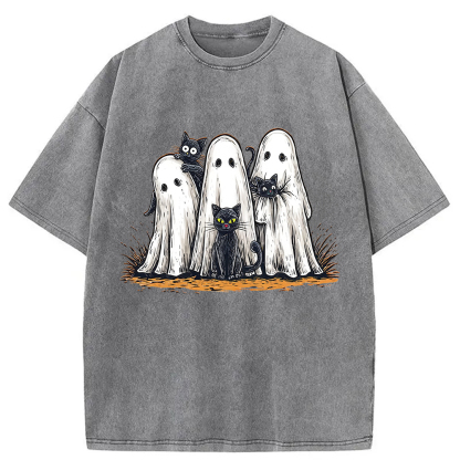 Tokyocanvas Black Cat Ghost Halloween Washed T-Shirt
