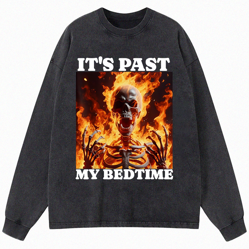 Tokyocanvas It's Past My Bedtime Funny Skeleton Meme Long Sleeve Washed T-Shirt