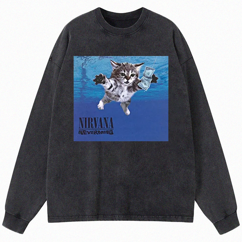 Tokyocanvas Nirvana Band Cat Long Sleeve Washed T-Shirt